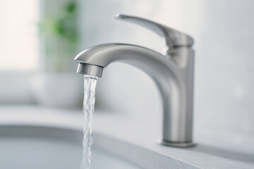 Close up of a modern chrome faucet with flowing water in a bathroom. Clear water running from a metallic faucet in a bright interior. Idea of hygiene, freshness and plumbing quality. Copy space.