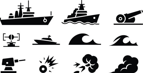 Black Naval Warfare Icon Set Featuring Warships, Cannon, Radar, Explosion, Ocean Waves and Military Equipment Silhouettes Isolated on White Background © Ariful