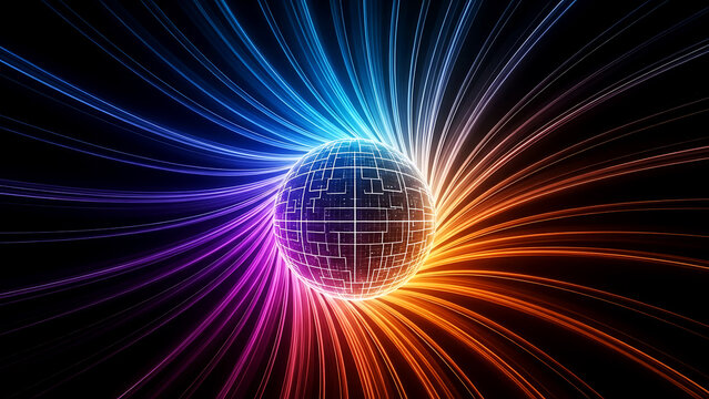 Abstract glowing digital sphere radiates vibrant multicolored light streaks against a dark background