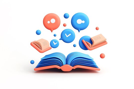 E learning concept with 3d open book and floating icons for online education and language learning