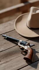 Obraz premium Vintage Revolver Resting on Wooden Table Beside a Wide Brim Hat in Natural Light