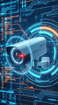 Security camera with illuminated lens and digital interface background, showcasing advanced technology and cyber security features in a modern surveillance setting
