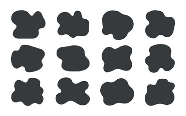 Trendy collection of twelve dark gray liquid amorphous shapes and abstract organic blobs, isolated vector elements perfect for modern graphic design backgrounds.