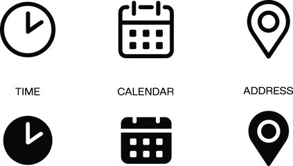 Essential vector icons for scheduling and navigation, featuring clocks, calendars, and location pins rendered in dual outline and solid black styles on a white background. © Vector Expert
