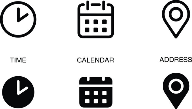 Essential vector icons for scheduling and navigation, featuring clocks, calendars, and location pins rendered in dual outline and solid black styles on a white background.