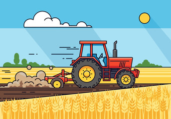 Obraz premium Red Tractor Plowing Field Agricultural Machinery.