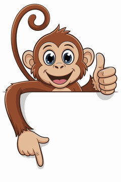 Cheerful Monkey Pointing Down and Giving Thumbs Up with a Playful Expression Peeking Over a Blank White Signboard, Representing Positive Feedback in Advertising and Child-Friendly Design, Vector Illus