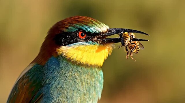 European bee-eater bird perched with a mouthful of bees against a blurred background in natural habitat