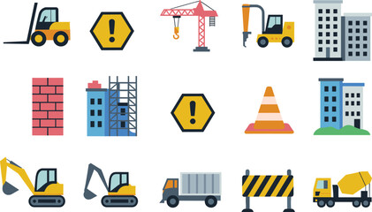 Construction and Building Equipment Icon Set Featuring Crane, Excavator, Forklift, Dump Truck, Cement Mixer and Safety Warning Symbols © Ariful