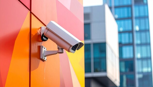 Surveillance camera on red orange urban wall