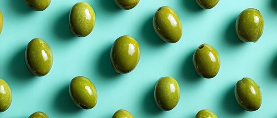 Glossy Green Olive Pattern on Teal Background, Repeating Layout, Mediterranean Diet Concept.