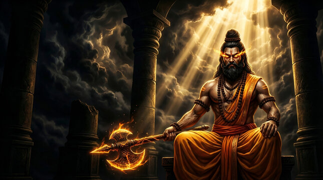 Lord Parashurama with Divine Axe in Temple &ndash; Hindu Mythology Spiritual Art