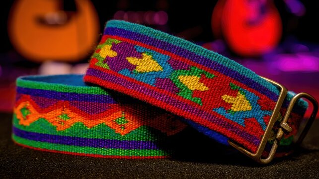 Brightly Colored Woven Guitar Strap with Geometric Patterns, Showcasing Artisan Craftsmanship