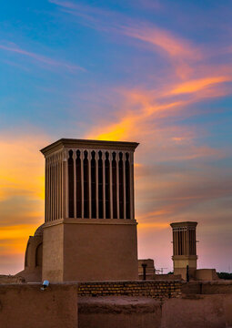 Wind towers used as a natural cooling system in iranian architecture, Yazd province, Yazd, Iran