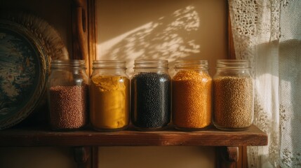 Row of Glass Jars Filled with Various Dried Lentils and Grains Lined Up on a Wooden Shelf