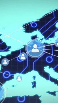 Vertical video: Central node pulsing, sending lines, adding nodes and forming network over Europe