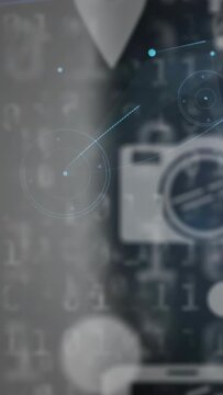 Vertical video: On pulse HUD fading, tracing paths, rotating dial, showing data flow