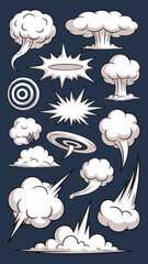 Set of Comic Cartoon Explosions, Speech Bubbles, and Target Symbols in Vector Art Style for Comics & Graphic Novels, Showing Impacts, Crashes, Pow, and Boom for Creative Designs & Animated Media,  Vis