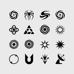 Collection of Glyph Icons, Diverse Symbols for Graphic Design and Branding Projects, Swirls, Spider, Geometric Shapes, Satellites, and Arrows on Light Background for Tech, Business, and Creative Appli