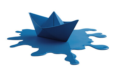A single blue paper boat rests on a puddle of blue liquid isolated on a transparent background origami boat