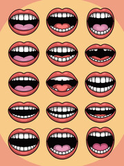 Cartoon Mouths Expressions Collection: Diverse Cartoon Lips Set Illustrating Various Emotions for Animation Design, Character Development, Medical Illustration, Dentist Office Decor, and Speech Pathol
