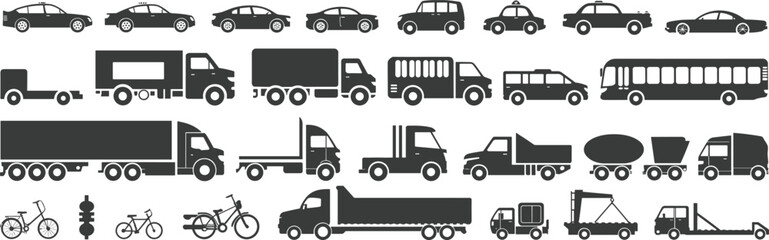 Vehicle silhouettes collection with cars, trucks, bus and bicycles isolated on white background vector illustration transportation icons set