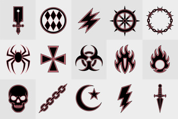 Vector Icons Set of Dark Gothic Symbols and Signs, Tattoo Art Emblems, Grunge Style Badges, Creepy Elements for Horror Themes, Occult Imagery, Heavy Rock Symbolism, Military Medals, Dangerous Objects,