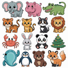 Cute Cartoon Animals Collection: Cheerful Elephant, Hippo, Crocodile, Tiger, Cat, Lion, Crab, Bunny, Panda and Christmas Tree;  Adorable Mammals Set, Ideal for Children's Illustration, Festive Celebra