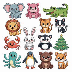 Cute Cartoon Animals Collection: Whimsical Characters Posing for Children's Illustrations, Animated Wildlife, Educational Resources, Storybooks. Adorable Elephant, Lion & Crocodile in Playful Designs