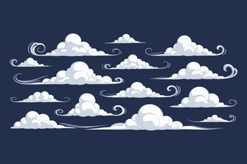 Cartoon Clouds Floating in Dark Blue Sky, Illustration of Fantasy Weather Elements for Creative Design Projects, Dreamlike Atmosphere, Children's Story Illustrations, Graphic Novel or Game Design, Wal