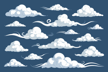 Cartoon Clouds Floating in a Blue Sky: Decorative Elements for Weather Forecasts and Animated Films, Ethereal Designs for Children's Illustrations and Dreamlike Backgrounds, Fantasy Sky, Hand-Drawn, V