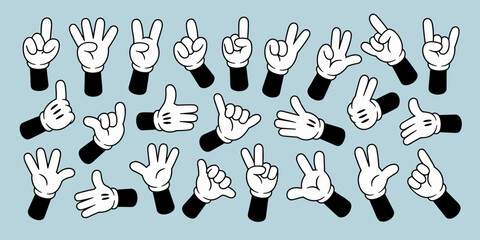 Cartoon Hands Gesturing Expressions: Comic Characters Communicating Emotions in Retro Design with Various Hand Signals and Poses, Representing Animation Symbols for Creative Projects and Graphic Resou