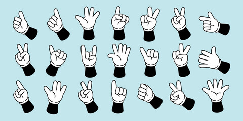 Cartoon Hand Gestures Set: Expressing a Variety of Emotions and Communication in Animation, Game Design, and Children's Content Creation Against a Light Blue Backdrop, Perfect for Emphasizing Visual C
