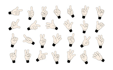 Cartoon Hands Gesturing Communication: Expressive Hand Signs for Animation, Presentations & Designs. Featuring Graphic Palm Poses Like Pointing, Peace, Thumbs Up, Number Counting for Creative Projects
