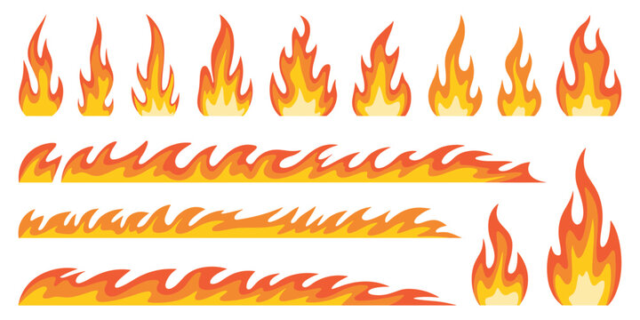Fiery Flame Vector Graphics Collection Igniting Passion, Cartoon Style Isolated on White Background, Animation Elements for Motion Graphics in Entertainment/Gaming/Design, Flames Bordering Text, Brigh