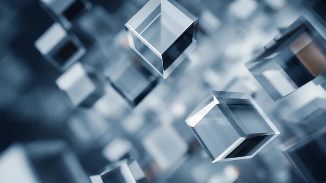 Abstract 3D rendering of transparent glass cubes floating in a futuristic digital space. Modern geometric shapes create a sense of innovation and advanced technology