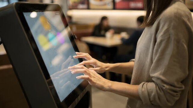 Medium shot of a solo diner interacting with a quick service touchscreen kiosk main focus on hands selecting menu items blurred background and surroundings.
