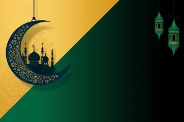 Naklejka premium A striking blue mosque silhouette within a detailed crescent moon, set against a vibrant yellow and green gradient background with lanterns.