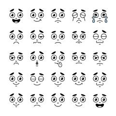 Expressive Cartoon Faces Collection: Emoticons Displaying Various Emotions, Moods and Feelings, Hand-Drawn Vector Expressions for Web Design, App Development, Education, and Children's Illustration, G