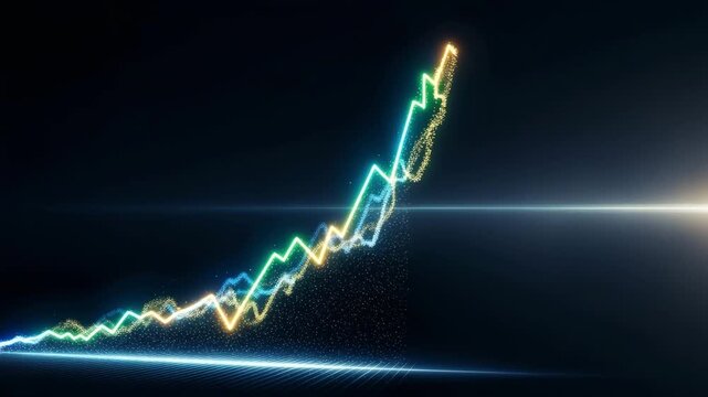 Abstract financial chart trending upward with glowing digital nodes on a dark background for business and growth analysis use.