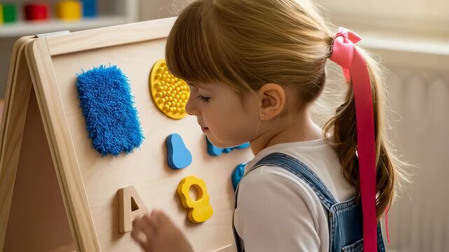 Cute smiling caucasian woman kid playing with a textured sensory board for tactile learning and child development