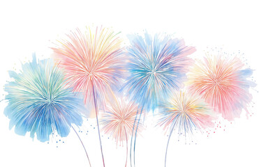 Watercolor fireworks display in pastel shades of blue pink and yellow isolated on a transparent background