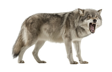 Fototapeta premium Full body side view of an angry wolf showing teeth and open mouth isolated on a transparent background