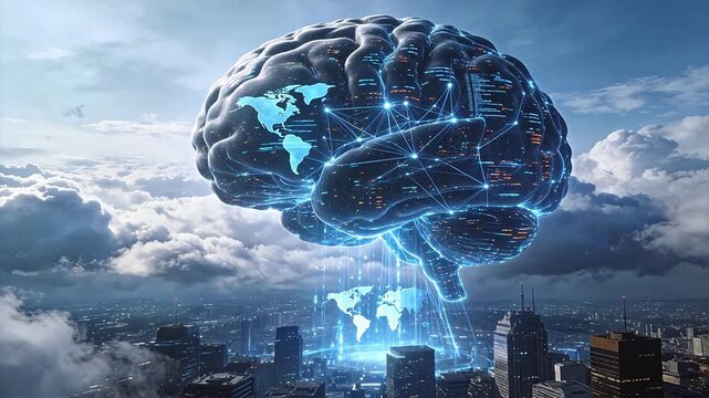 AI brain over city skyline
