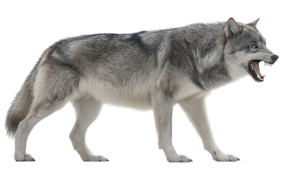 Full body side view of an angry grey wolf showing teeth and open mouth isolated on a transparent background