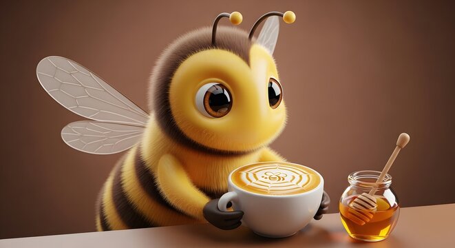 Cute cartoon bee enjoying a cup of coffee with latte art and honey.