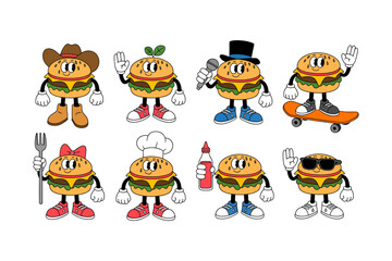 Obraz premium Cute Cartoon Burger Character Mascot Set. Funny Hamburger in Different Poses with Chef Hat, Cowboy, Singer, Skater and Cool Style. Fast Food Mascot Vector Illustration.