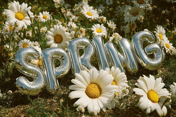 Word "Spring" In Silver Balloons On Grass With Daisies