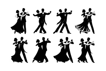 Elegant Ballroom Dance Couple Silhouettes Set. Waltz and Tango Partners in Formal Attire, Classic Dancing Poses, Romantic Black Silhouette Collection. Vector Illustration. Editable Stroke.