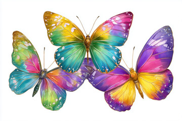 Three Butterflies Watercolor On White Background